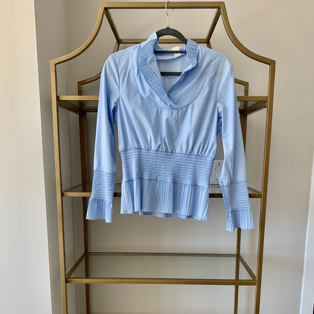 Sky Blue Shirred Ruffled Blouse